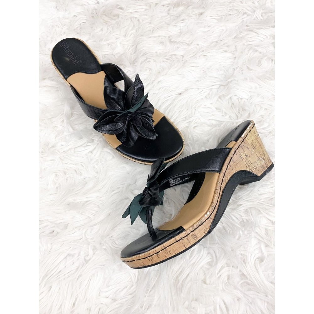Bjorndal Lana Black Flower Wedge Sandals 9
